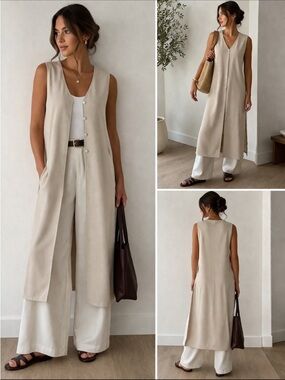 Wallis Long Crepe Vest Duster Minimalist Sleeveless Cardigan Neutral Capsule